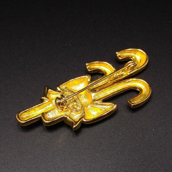 Vintage Enamel Candy Canes Brooch, Green Metallic Bow, 1960s Jewelry - Picture 3 of 10